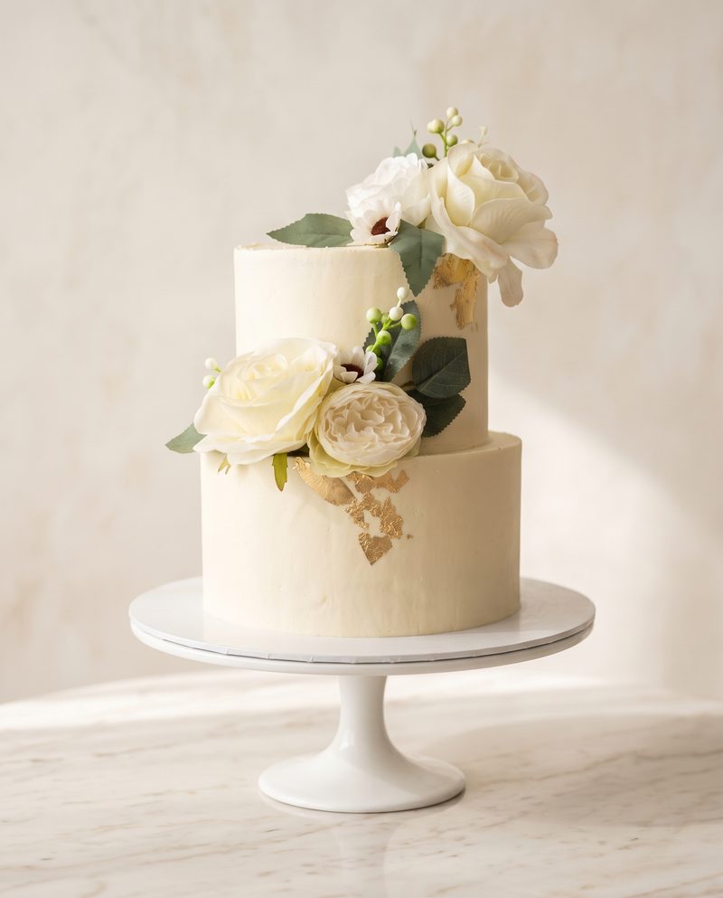 Wedding cake blanc à deux étages, roses blanches et eucalyptus