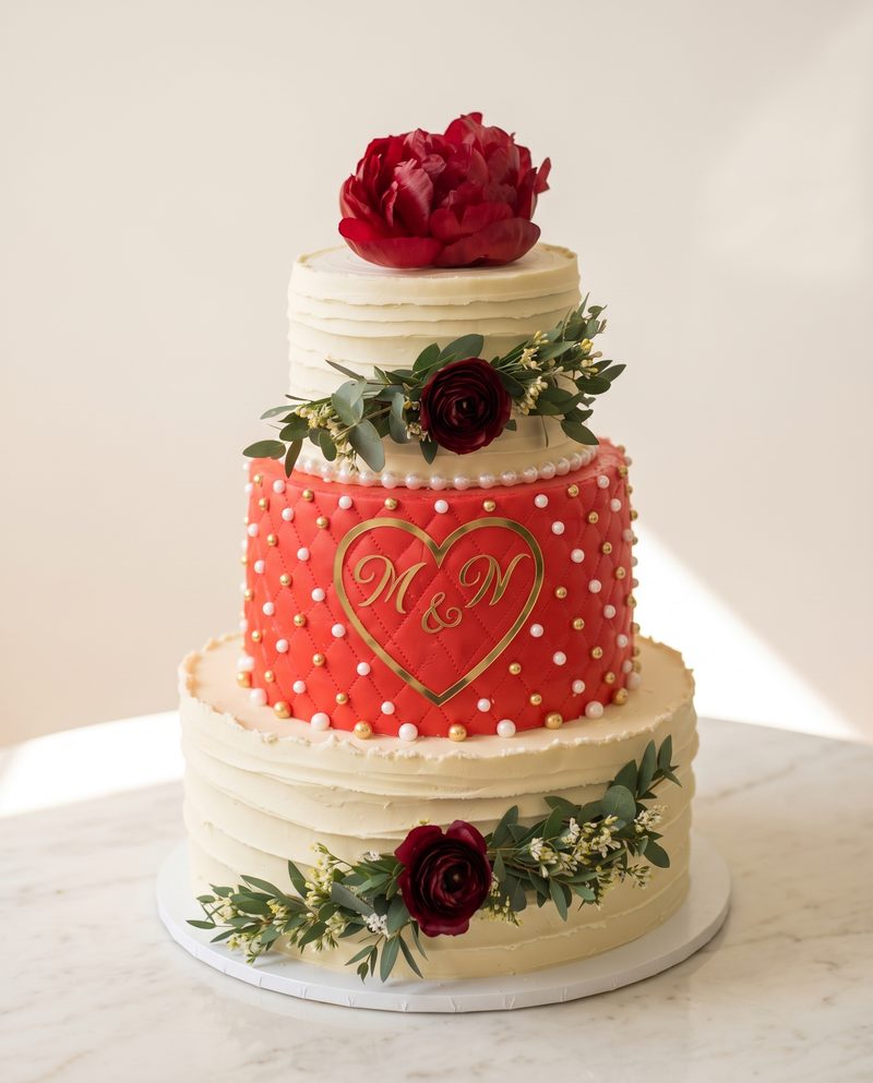 Wedding cake rouge à pois et blanc à trois étages, roses rouges et cœur doré