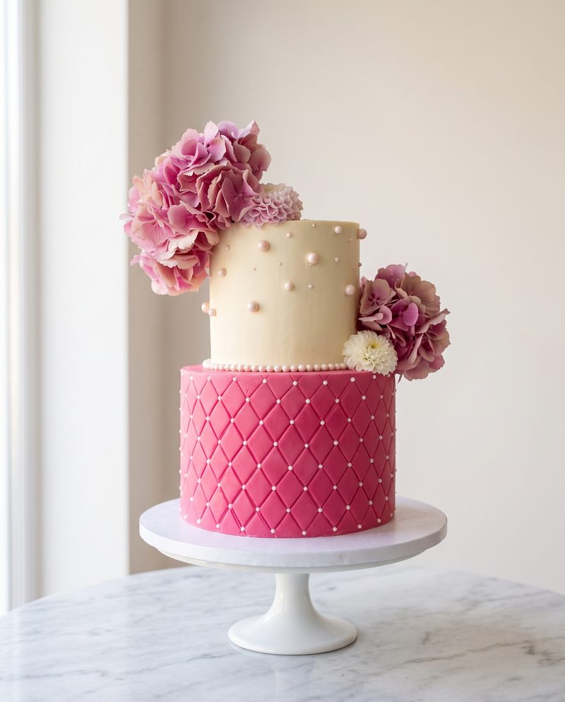 Wedding cake rose matelassé à deux étages, hortensias roses