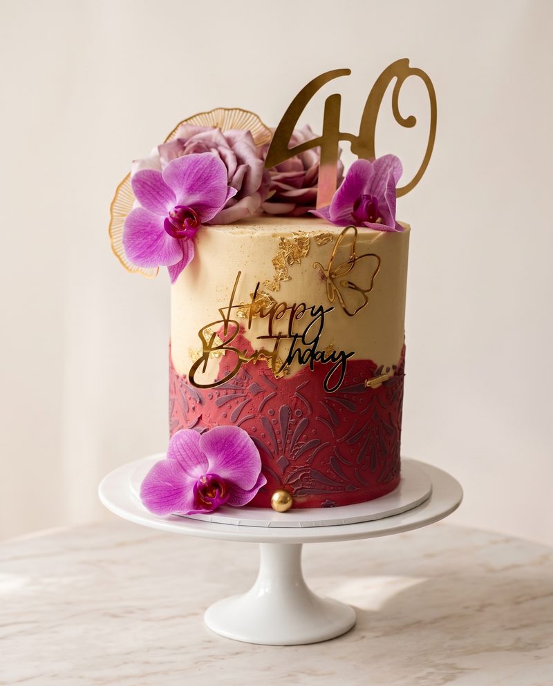 Gâteau d'anniversaire « 40 » or et rouge, orchidées fuchsia