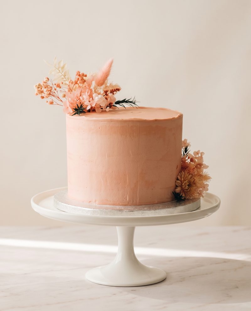 Gâteau d'anniversaire rose pâle, fleurs séchées