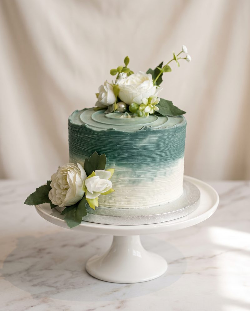 Gâteau d'anniversaire vert dégradé, roses blanches