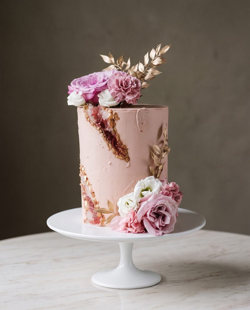 Gâteau d'anniversaire rose poudré, géode dorée et roses lilas