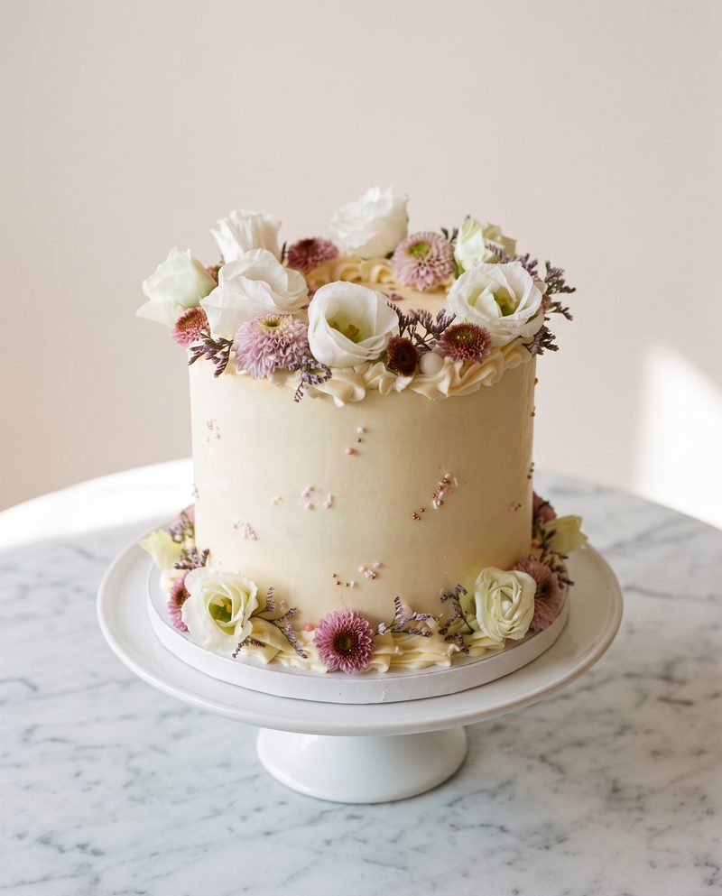 Gâteau d'anniversaire ivoire, couronne de fleurs pastel