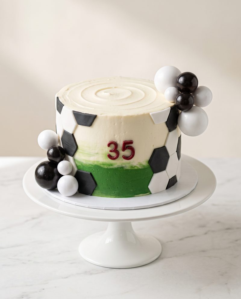 Gâteau d'anniversaire football « 35 », pelouse et ballons