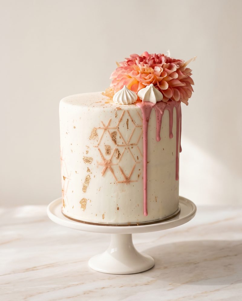 Gâteau d'anniversaire blanc à la coulure rose, dahlia corail