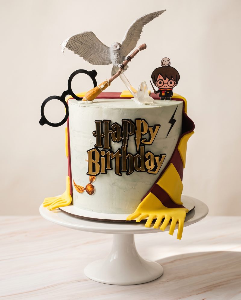 Gâteau d'anniversaire enfant sorcier, chouette, écharpe et lunettes