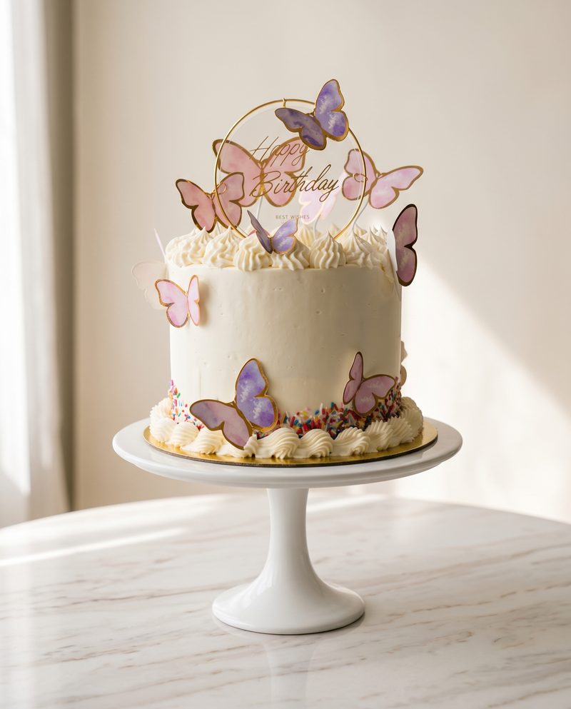 Gâteau d'anniversaire enfant blanc aux papillons roses et lilas