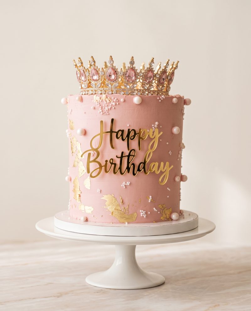 Gâteau d'anniversaire enfant rose au diadème, perles et feuille d'or