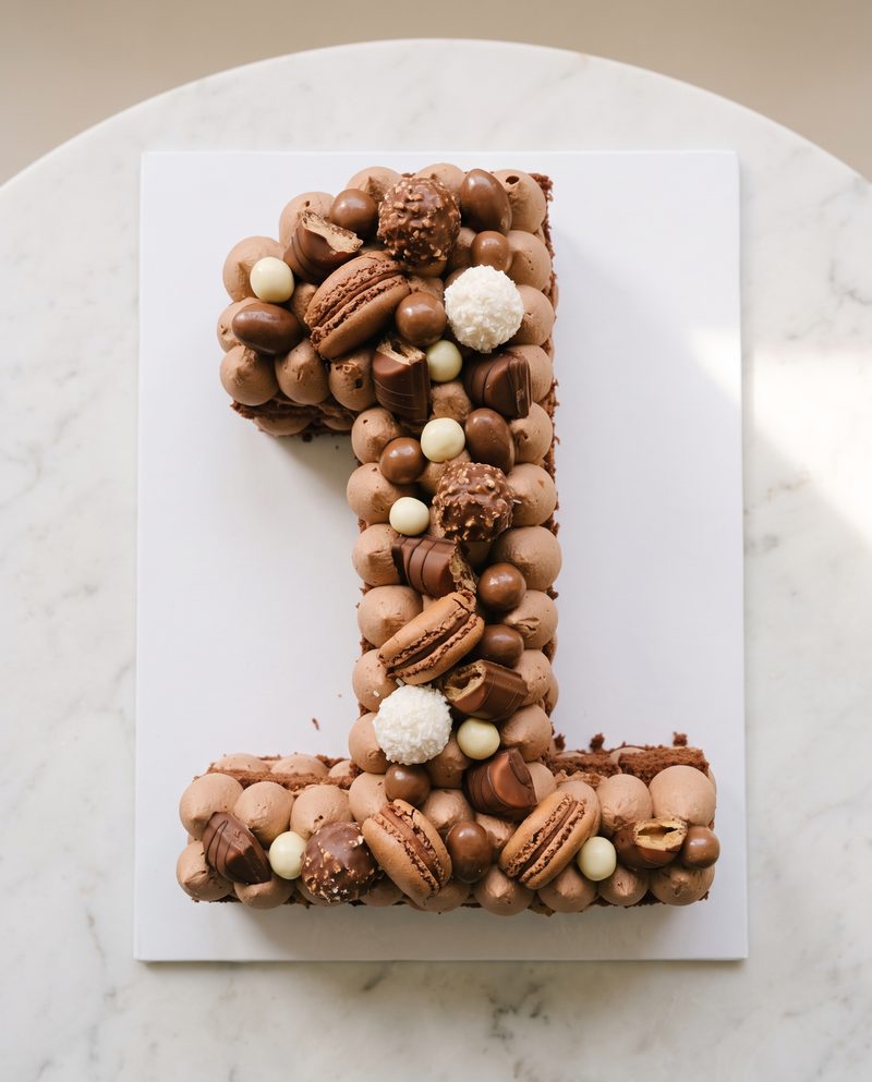 Number cake « 1 » au chocolat, macarons, rochers et truffes coco