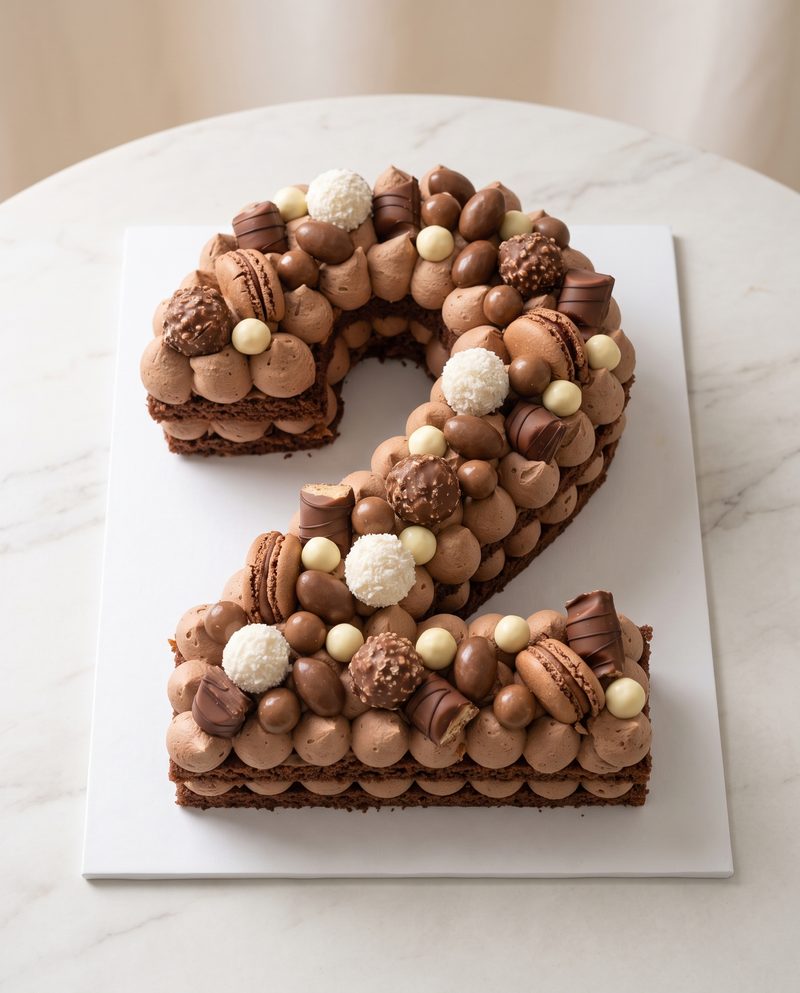 Number cake « 2 » au chocolat, rochers, truffes coco et macarons