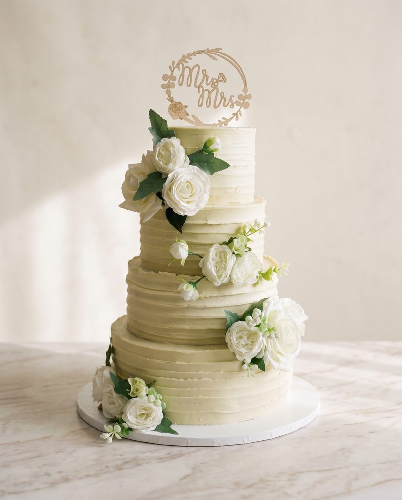 Wedding cake trois étages ivoire, cascade de roses blanches et topper Mr & Mrs