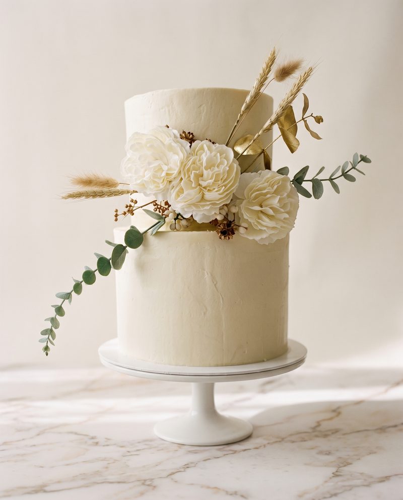Wedding cake deux étages blanc, pivoines, blé et eucalyptus