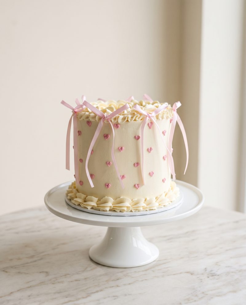 Gâteau d'anniversaire ivoire vintage, petits cœurs et nœuds roses