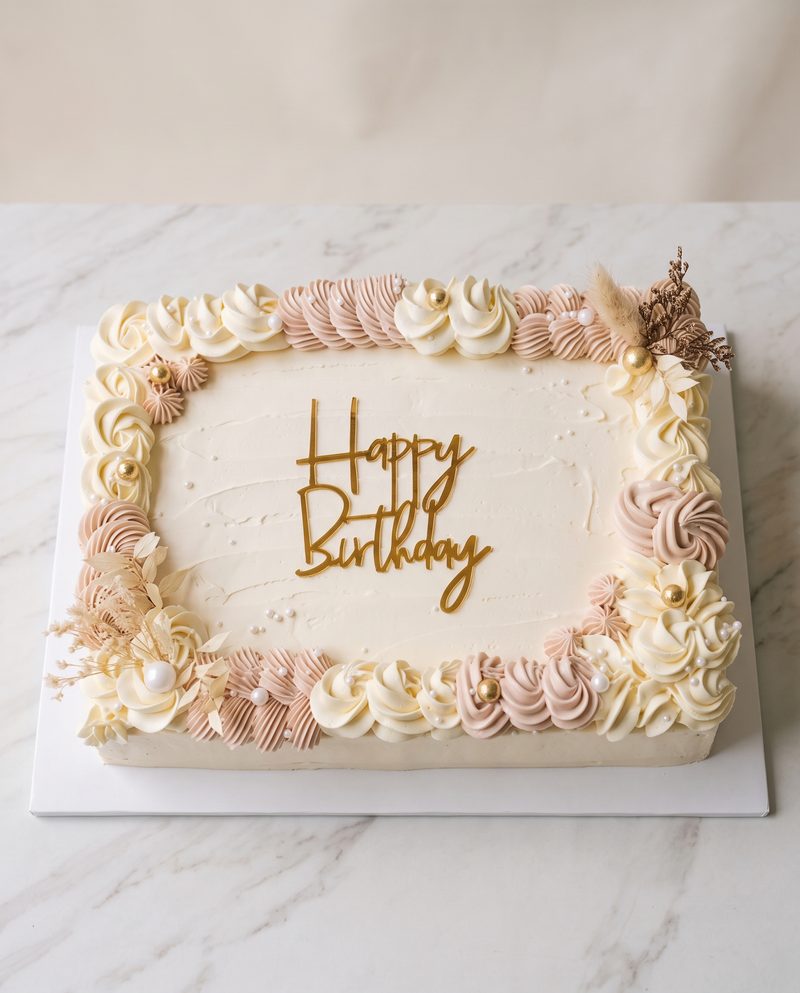 Gâteau d'anniversaire rectangulaire vintage, rosaces blush et topper doré