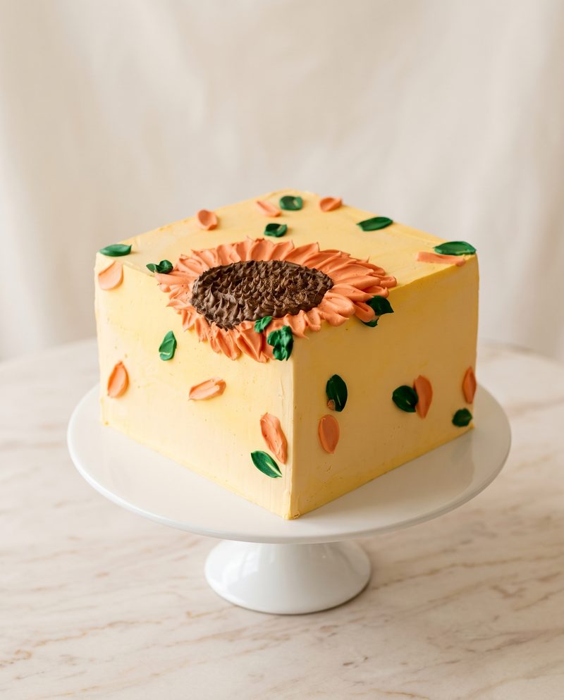Gâteau d'anniversaire carré jaune au tournesol