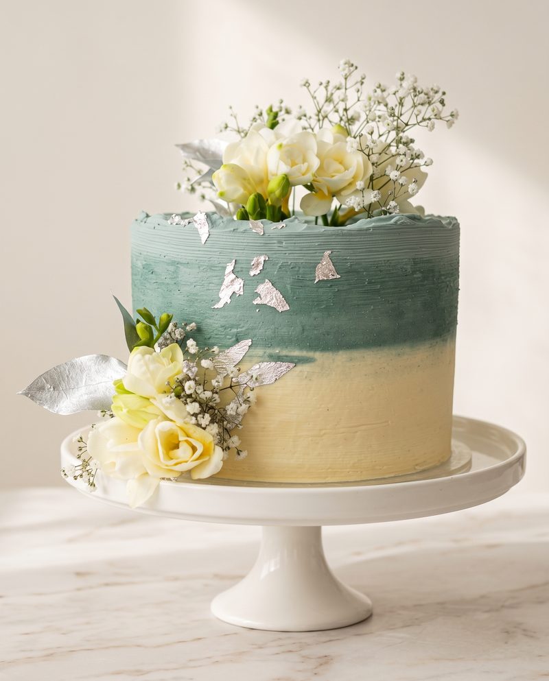 Gâteau d'anniversaire ivoire et vert ombré, feuille d'argent et freesias