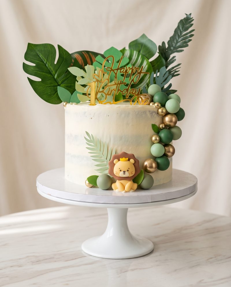 Gâteau d'anniversaire enfant jungle, lion et feuilles tropicales
