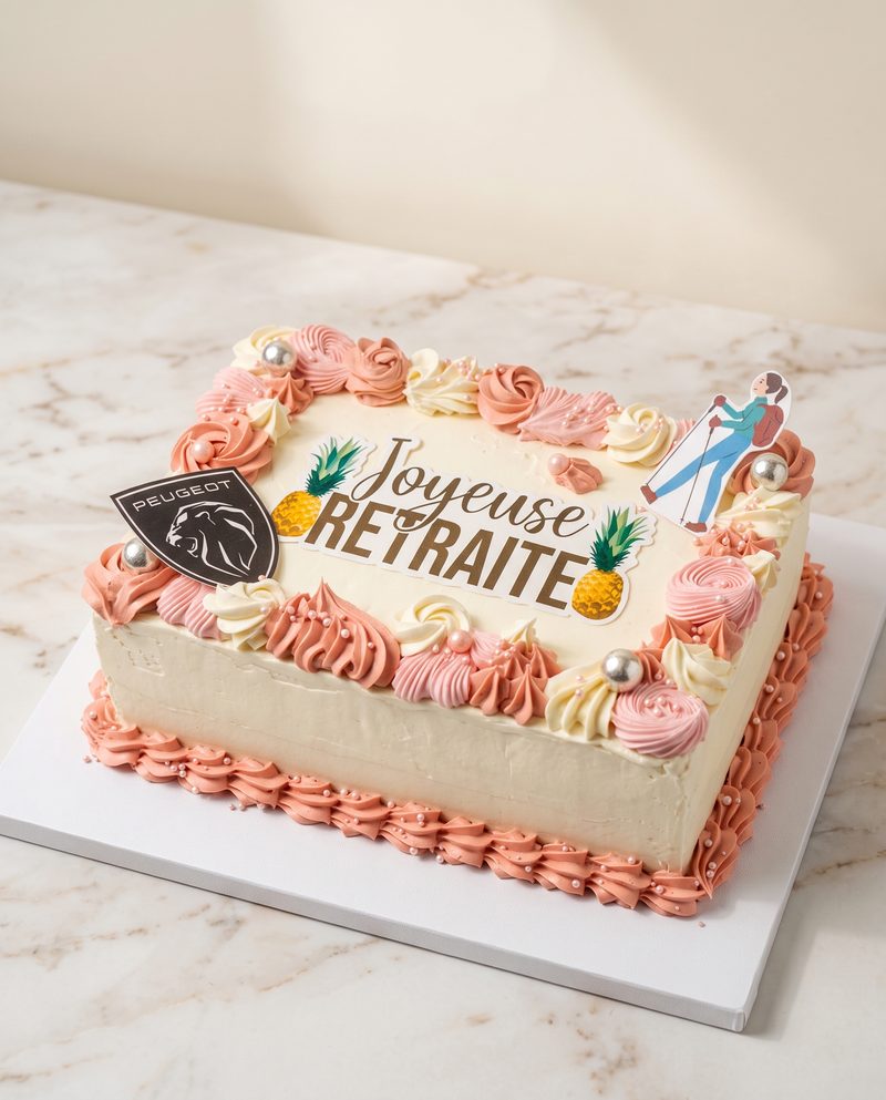 Gâteau rectangulaire « Joyeuse retraite », rosaces roses